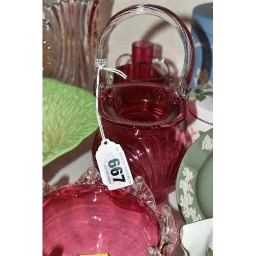 667 - A GROUP OF CRANBERRY GLASS, WITH OTHER GLASS WARES AND CERAMICS, to include a cranberry vase of tria... 