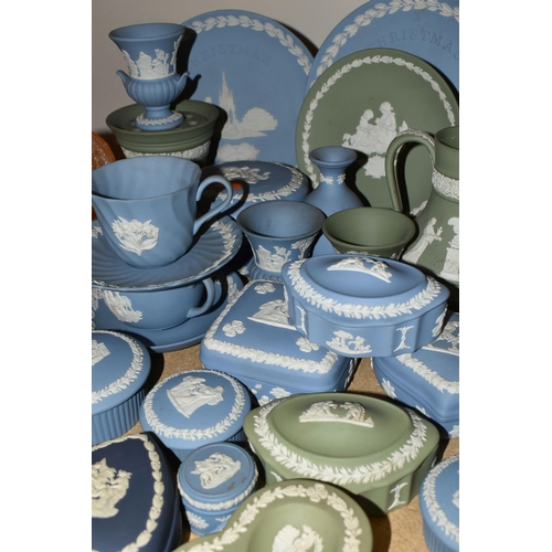 679 - A QUANTITY OF WEDGWOOD JASPERWARES, over sixty pieces to include jugs, vases, a covered vase height ... 