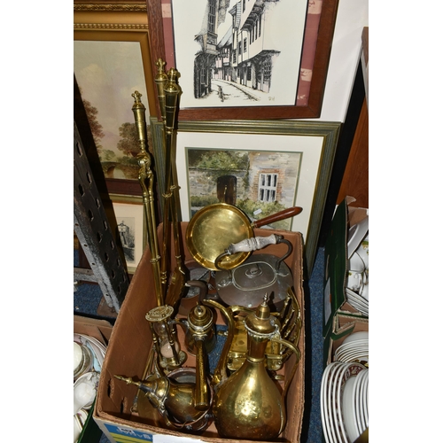 682 - A BOX AND LOOSE METAL WARES AND PICTURES, to include a copper kettle with ceramic handle, two hammer... 