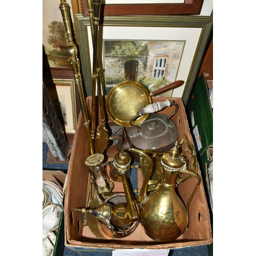 682 - A BOX AND LOOSE METAL WARES AND PICTURES, to include a copper kettle with ceramic handle, two hammer... 