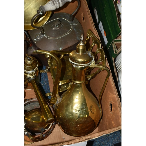 682 - A BOX AND LOOSE METAL WARES AND PICTURES, to include a copper kettle with ceramic handle, two hammer... 