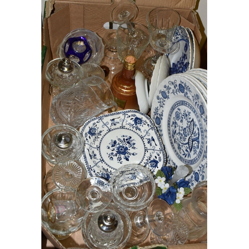 683 - FIVE BOXES OF CERAMICS AND GLASS WARES, to include a thirty six piece Royal Doulton Plymouth TC1105 ... 