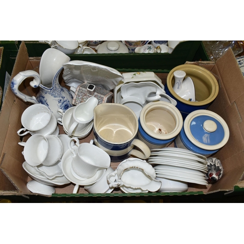 683 - FIVE BOXES OF CERAMICS AND GLASS WARES, to include a thirty six piece Royal Doulton Plymouth TC1105 ... 