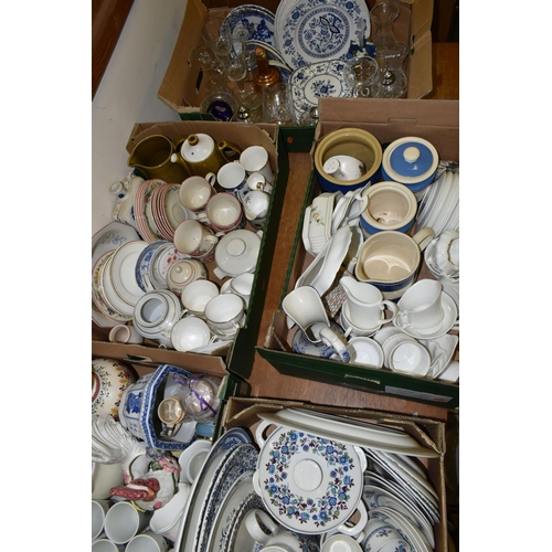 683 - FIVE BOXES OF CERAMICS AND GLASS WARES, to include a thirty six piece Royal Doulton Plymouth TC1105 ... 