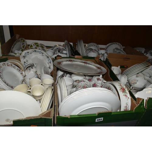 684 - SIX BOXES OF ASSORTED TEA AND DINNERWARE, to include a Royal Standard 'Rambling Rose' pattern dinner... 