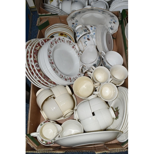 684 - SIX BOXES OF ASSORTED TEA AND DINNERWARE, to include a Royal Standard 'Rambling Rose' pattern dinner... 