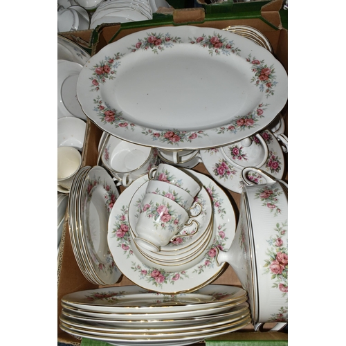 684 - SIX BOXES OF ASSORTED TEA AND DINNERWARE, to include a Royal Standard 'Rambling Rose' pattern dinner... 