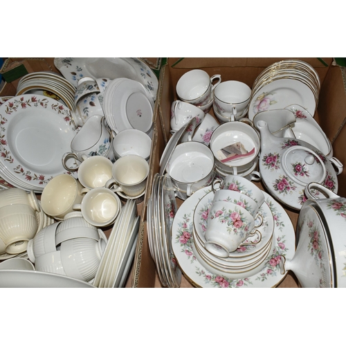 684 - SIX BOXES OF ASSORTED TEA AND DINNERWARE, to include a Royal Standard 'Rambling Rose' pattern dinner... 