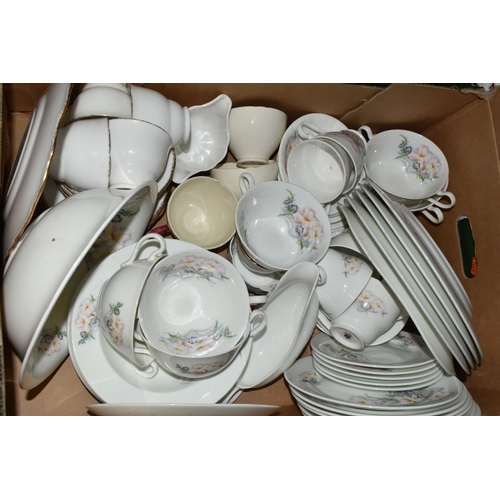 684 - SIX BOXES OF ASSORTED TEA AND DINNERWARE, to include a Royal Standard 'Rambling Rose' pattern dinner... 