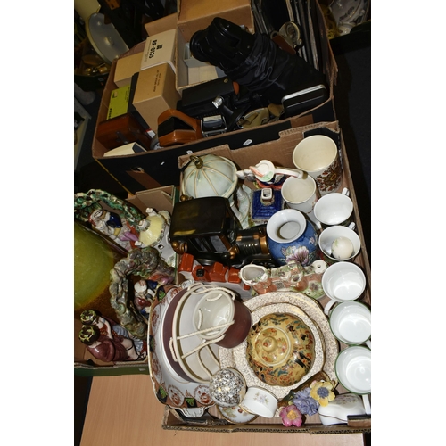 685 - THREE BOXES OF VINTAGE ELECTRICAL ITEMS AND CERAMICS, to include a pair of Staffordshire courting co... 