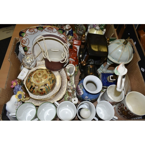 685 - THREE BOXES OF VINTAGE ELECTRICAL ITEMS AND CERAMICS, to include a pair of Staffordshire courting co... 