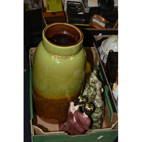 685 - THREE BOXES OF VINTAGE ELECTRICAL ITEMS AND CERAMICS, to include a pair of Staffordshire courting co... 