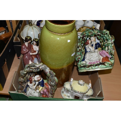 685 - THREE BOXES OF VINTAGE ELECTRICAL ITEMS AND CERAMICS, to include a pair of Staffordshire courting co... 