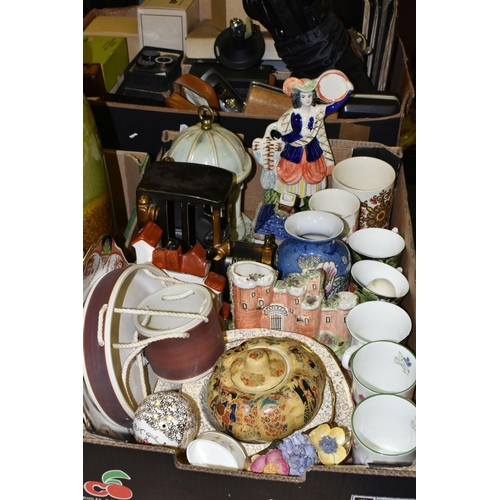 685 - THREE BOXES OF VINTAGE ELECTRICAL ITEMS AND CERAMICS, to include a pair of Staffordshire courting co... 