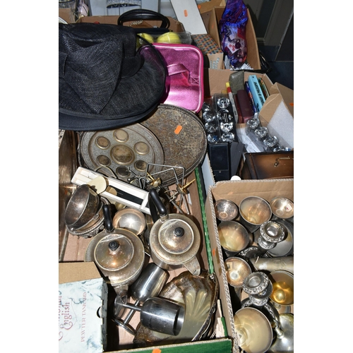 692 - SIX BOXES OF METALWARE AND MISCELLANEOUS SUNDRIES, to include silverplate tea set, candelabra, mante... 