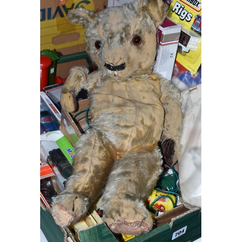 704 - ONE BOX OF VINTAGE TOYS AND BEAR, to include a mid-century playworn teddy bear (growler not working)... 