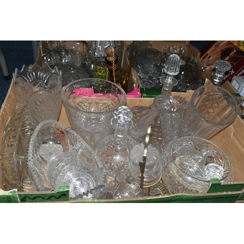 724 - SEVEN BOXES OF GLASSWARE,  a large quantity of mid-century glassware, to include decanters, floral t... 