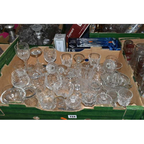 724 - SEVEN BOXES OF GLASSWARE,  a large quantity of mid-century glassware, to include decanters, floral t... 