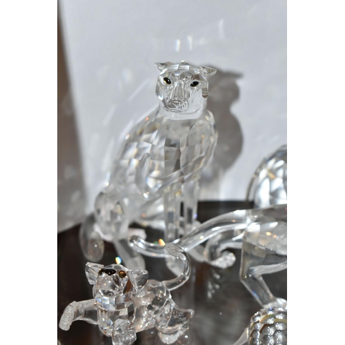 377 - A GROUP OF SWAROVSKI CRYSTAL AFRICAN WILDLIFE FIGURES, comprising boxed Leopard 217093, boxed Cheeta... 