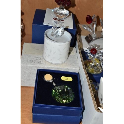 411 - TWO BOXES OF SWAROVSKI CRYSTAL RENEWAL GIFTS, EMPTY BOXES, STANDS AND SUNDRY ITEMS, gifts to include... 