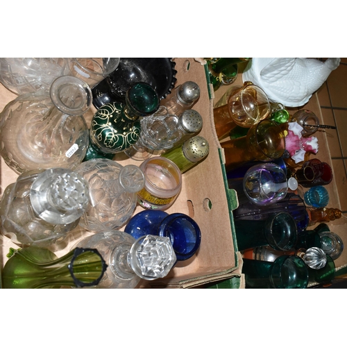 440 - TWO BOXES OF COLOURED GLASSWARE, to include a milk glass egg dish, five coloured glass hyacinth bulb... 