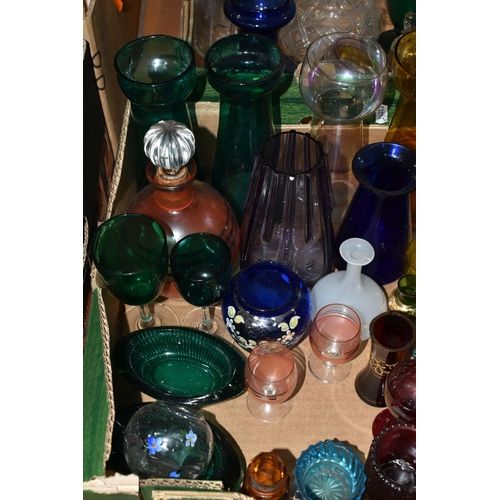 440 - TWO BOXES OF COLOURED GLASSWARE, to include a milk glass egg dish, five coloured glass hyacinth bulb... 