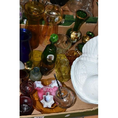 440 - TWO BOXES OF COLOURED GLASSWARE, to include a milk glass egg dish, five coloured glass hyacinth bulb... 