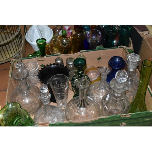 440 - TWO BOXES OF COLOURED GLASSWARE, to include a milk glass egg dish, five coloured glass hyacinth bulb... 