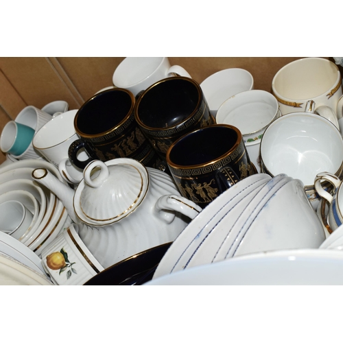 519 - THREE BOXES AND LOOSE CERAMICS AND SUNDRY ITEMS, to include a boxed set of six Royal Albert by Monog... 