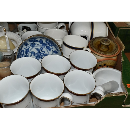 548 - FOUR BOXES OF CERAMICS AND GLASSWARE, including a box of Denby dinnerware, a quantity of planters, a... 