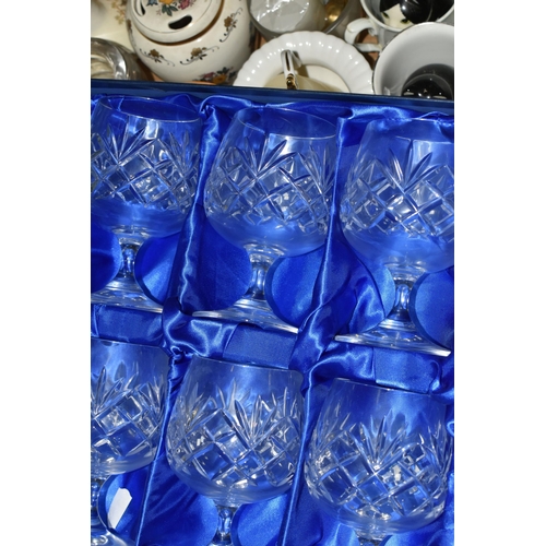 548 - FOUR BOXES OF CERAMICS AND GLASSWARE, including a box of Denby dinnerware, a quantity of planters, a... 