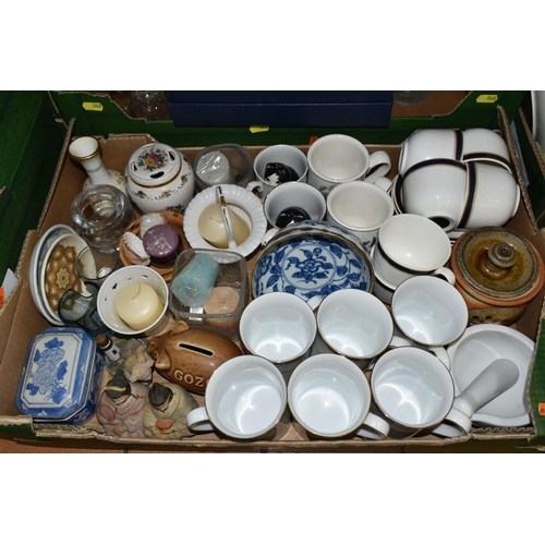 548 - FOUR BOXES OF CERAMICS AND GLASSWARE, including a box of Denby dinnerware, a quantity of planters, a... 