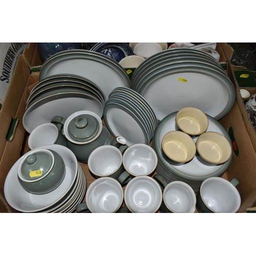 548 - FOUR BOXES OF CERAMICS AND GLASSWARE, including a box of Denby dinnerware, a quantity of planters, a... 