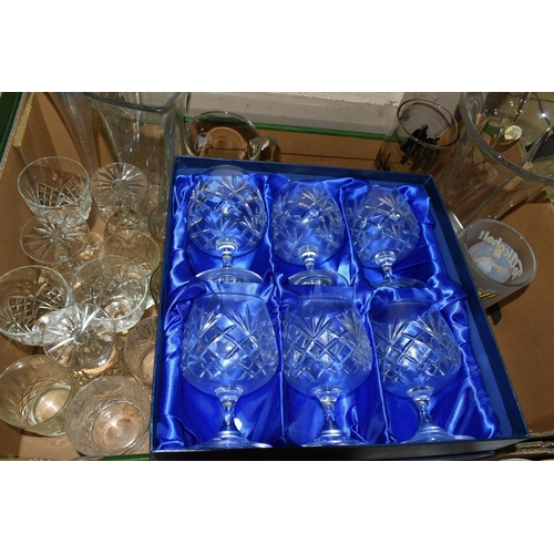 548 - FOUR BOXES OF CERAMICS AND GLASSWARE, including a box of Denby dinnerware, a quantity of planters, a... 