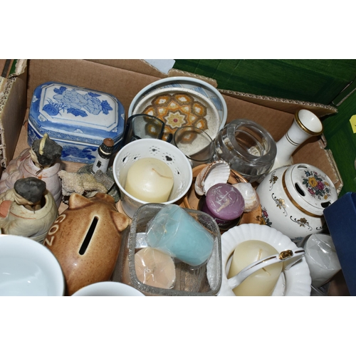 548 - FOUR BOXES OF CERAMICS AND GLASSWARE, including a box of Denby dinnerware, a quantity of planters, a... 