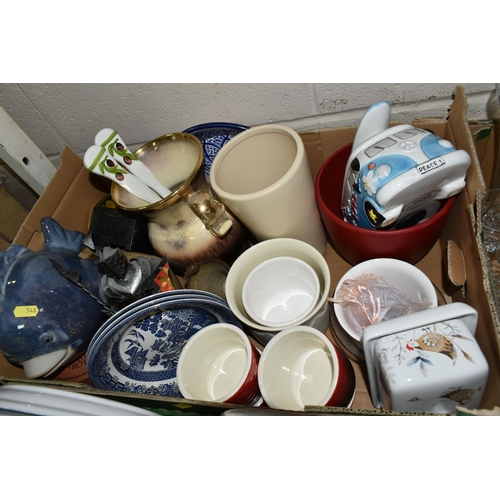 548 - FOUR BOXES OF CERAMICS AND GLASSWARE, including a box of Denby dinnerware, a quantity of planters, a... 