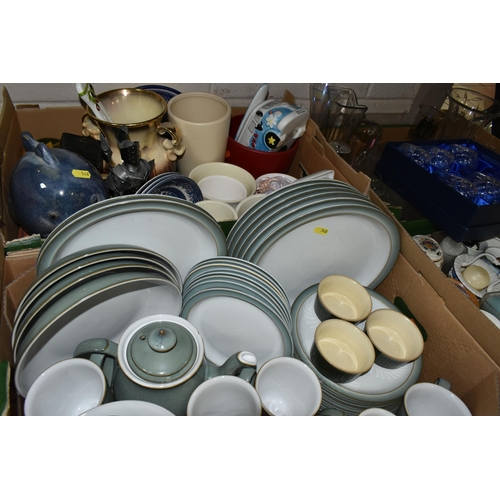 548 - FOUR BOXES OF CERAMICS AND GLASSWARE, including a box of Denby dinnerware, a quantity of planters, a... 