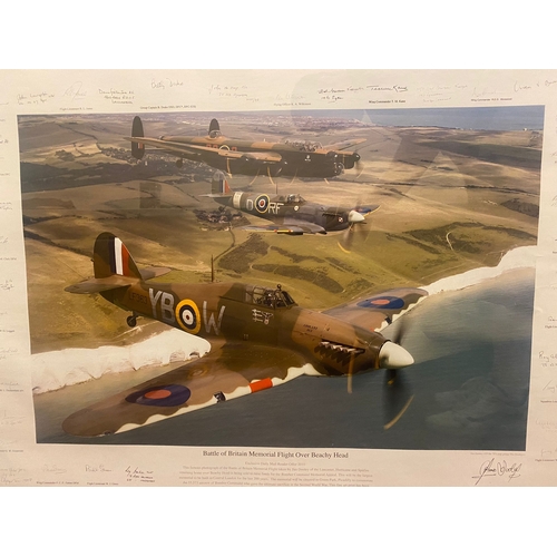 356 - A FRAMED PRINT OF THE BATTLE OF BRITAIN MEMORIAL FLIGHT OVER BEACHY HEAD, aperture approximately 675... 