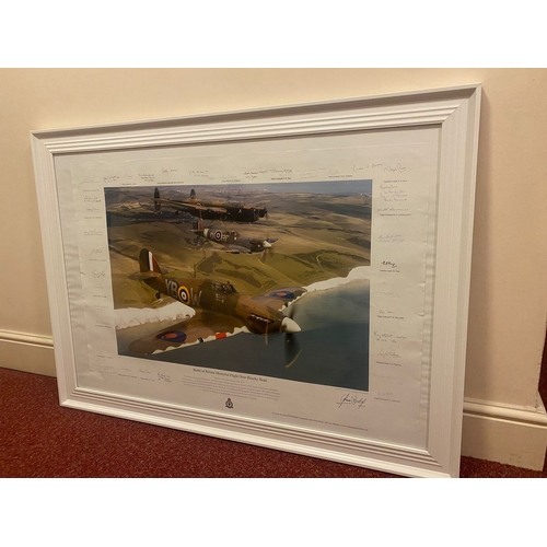 356 - A FRAMED PRINT OF THE BATTLE OF BRITAIN MEMORIAL FLIGHT OVER BEACHY HEAD, aperture approximately 675... 