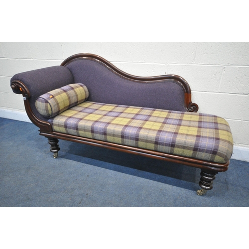 1480 - A VICTORIAN MAHOGANY CHAISE LONGUE, with purple and tartan upholstery, on brass caps and casters, le... 