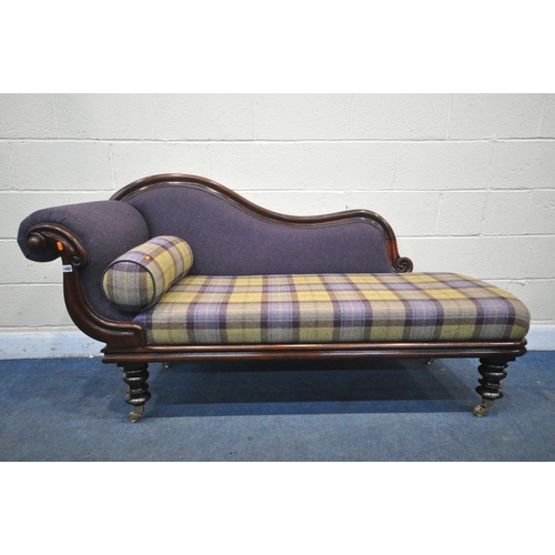 1480 - A VICTORIAN MAHOGANY CHAISE LONGUE, with purple and tartan upholstery, on brass caps and casters, le... 