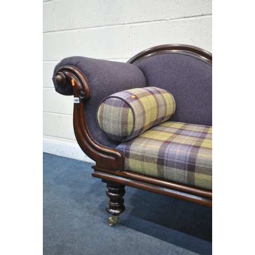 1480 - A VICTORIAN MAHOGANY CHAISE LONGUE, with purple and tartan upholstery, on brass caps and casters, le... 