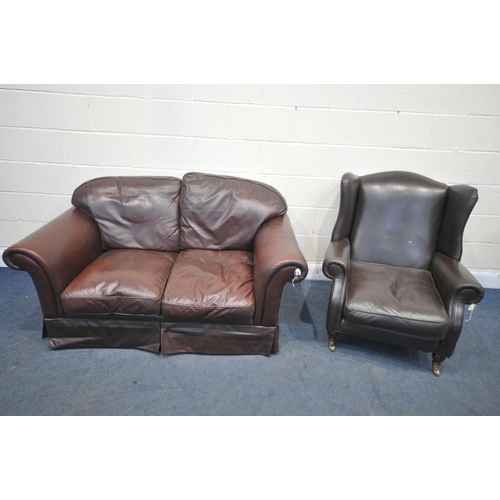 1482 - A BROWN LEATHER TWO SEATER SETTEE, length 156cm x depth 90cm x height 83cm, and a similar brown leat... 