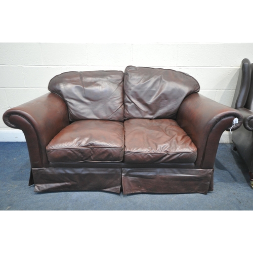 1482 - A BROWN LEATHER TWO SEATER SETTEE, length 156cm x depth 90cm x height 83cm, and a similar brown leat... 