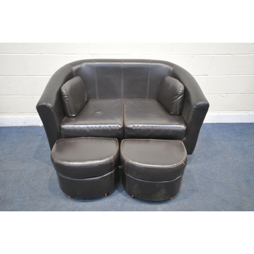 1485 - A PCL COLLECTION DARK BROWN LEATHER TUB SOFA, and two footstools (condition report: good)