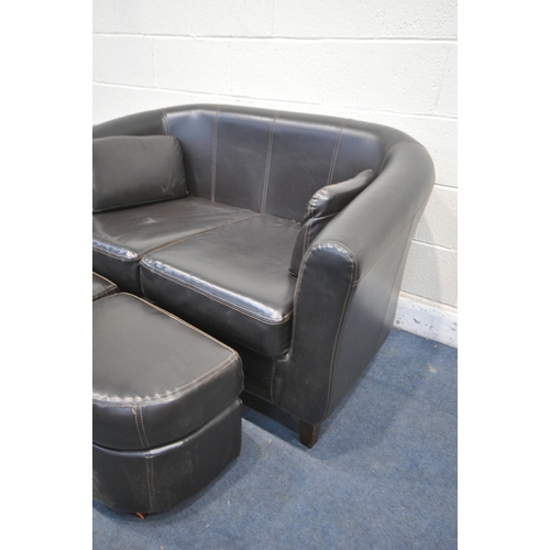 1485 - A PCL COLLECTION DARK BROWN LEATHER TUB SOFA, and two footstools (condition report: good)