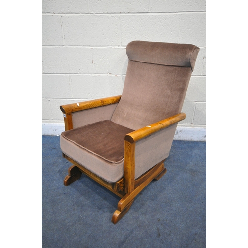 1487 - A STAINED ELM ROCKING CHAIR, with brown fabric (condition report: good)