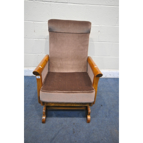 1487 - A STAINED ELM ROCKING CHAIR, with brown fabric (condition report: good)