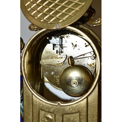 326 - A MODERN ITALIAN 'IMPERIAL' BRASS AND PORCELAIN CLOCK GARNITURE, the finials, columns and front all ... 