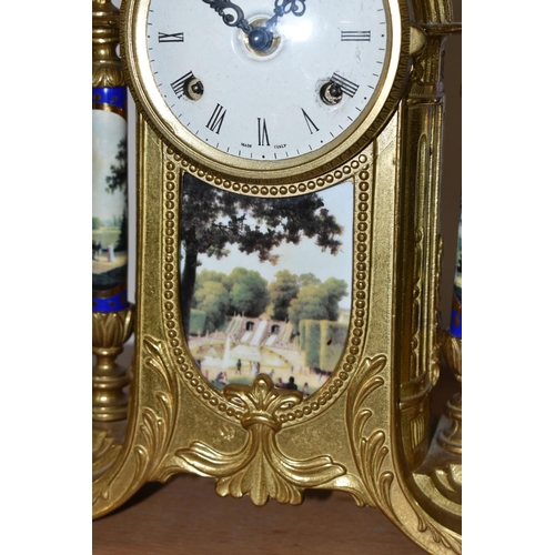 326 - A MODERN ITALIAN 'IMPERIAL' BRASS AND PORCELAIN CLOCK GARNITURE, the finials, columns and front all ... 